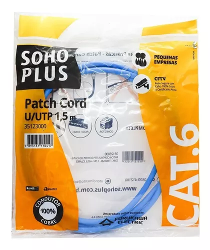 Patch Cord CAT6 1,5m 100% Cobre Azul Soho Plus