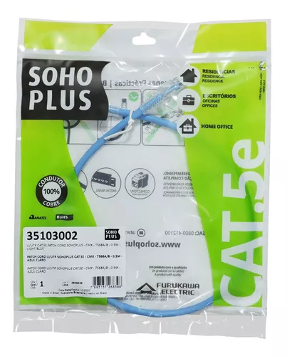 Patch Cord CAT5E 0,5m 100% Cobre Azul Soho Plus